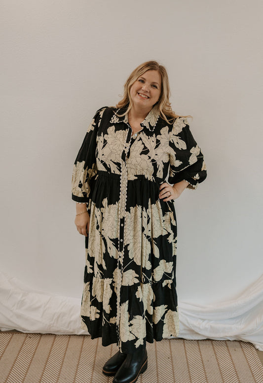 EVA REG/CURVY FLORAL COLLARED MIDI DRESS