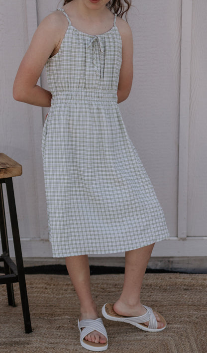 JOSIE GIRLS SAGE GREEN GINGHAM SPAGHETTI STRAP DRESS