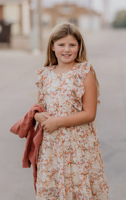 KENNEDY GIRLS RUST FLORAL RUFFLE TIERED DRESS