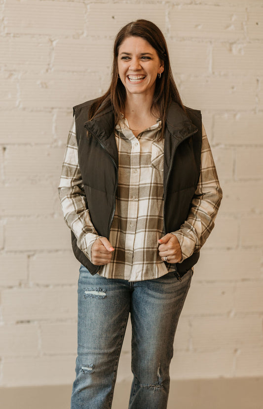 RORY GREEN AND CREAM PLAID BUTTON DOWN TOP