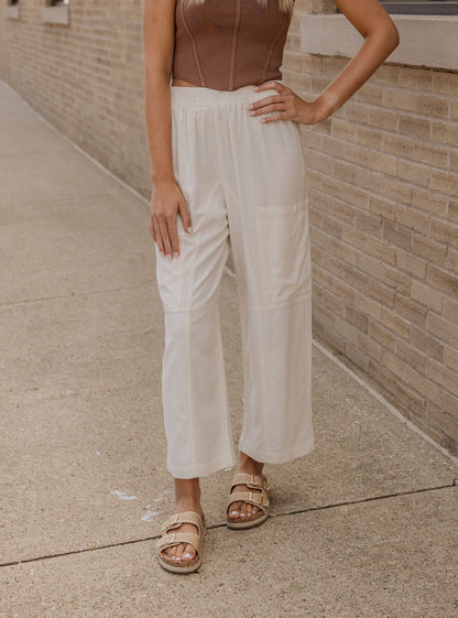 BRIELE CREAM LINEN TEXTURED WIDE LEG PANTS BY IVY & CO