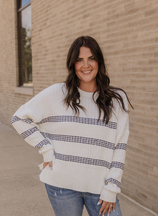 MONICA WHITE SWEATER WITH NAVY STRIPE