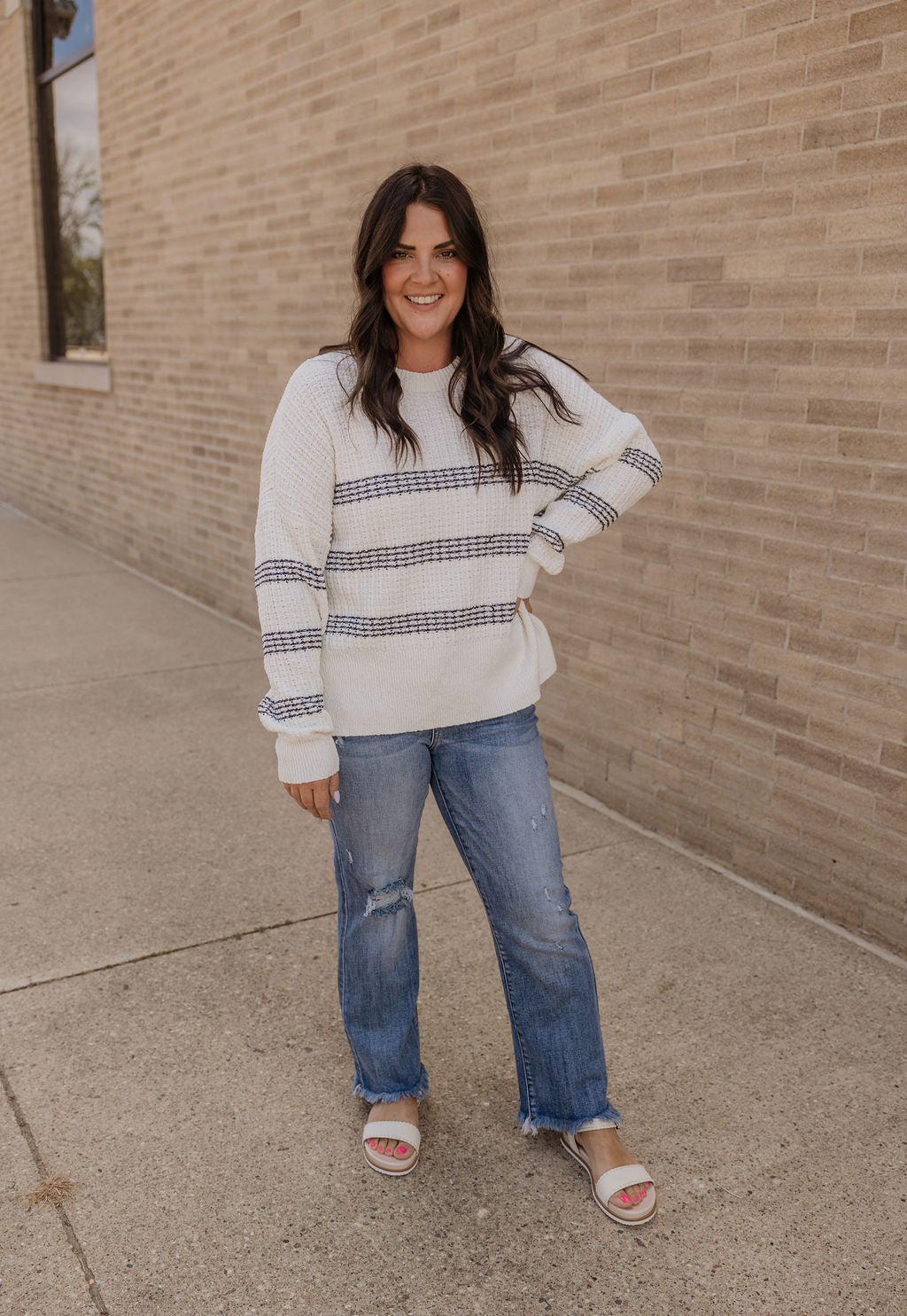 MONICA WHITE SWEATER WITH NAVY STRIPE