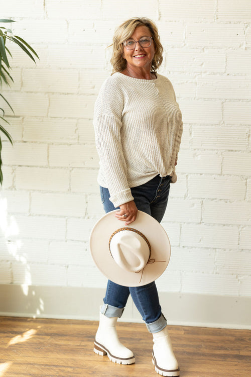 SHAE OATMEAL SWEATER WITH TWIST BOTTOM DETAIL AVAILABLE IN CURVY & REGULAR