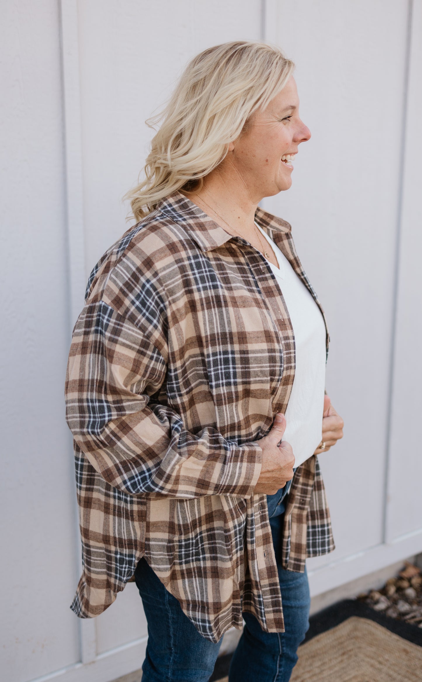 ALEX CURVY CREAM AND BROWN PLAID BUTTON DOWN