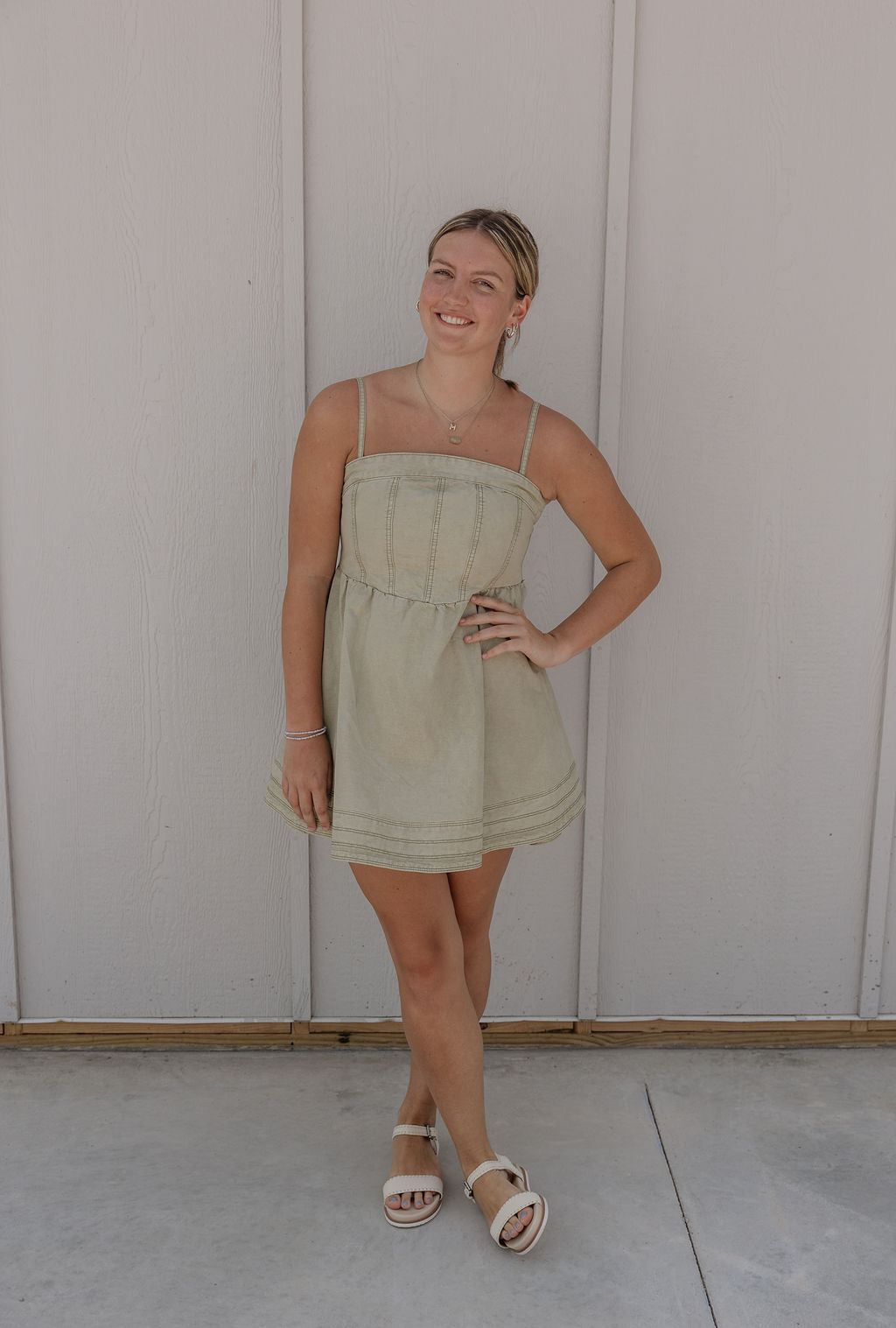 SKYLAR WASHED OLIVE DENIM SHORT DRESS BY IVY & CO