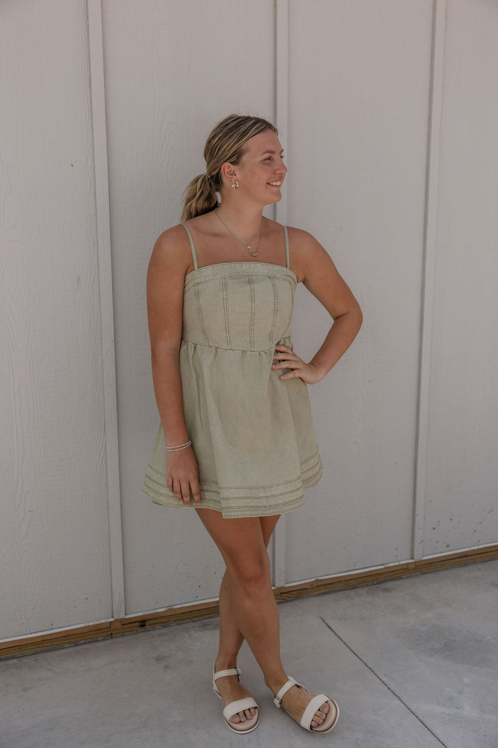 SKYLAR WASHED OLIVE DENIM SHORT DRESS BY IVY & CO