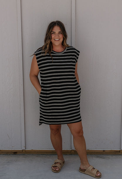 HAZEL BLACK AND CREAM STRIPE SHORT DRESS