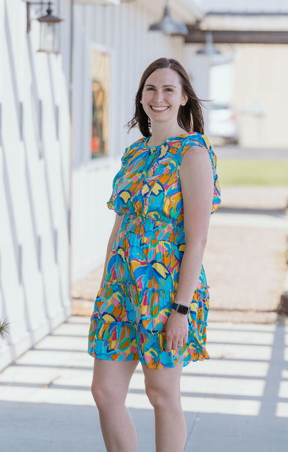 GRETA ABSTRACT PRINT SHORT RUFFLE SLEEVE SHORT DRESS