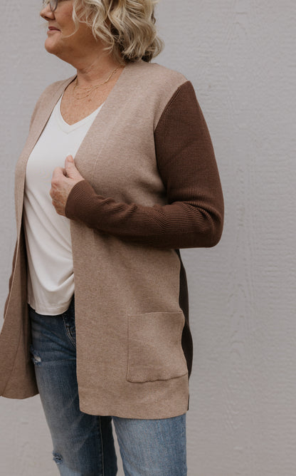 LADONNA COLORBLOCK TAUPE AND BROWN CARDIGAN