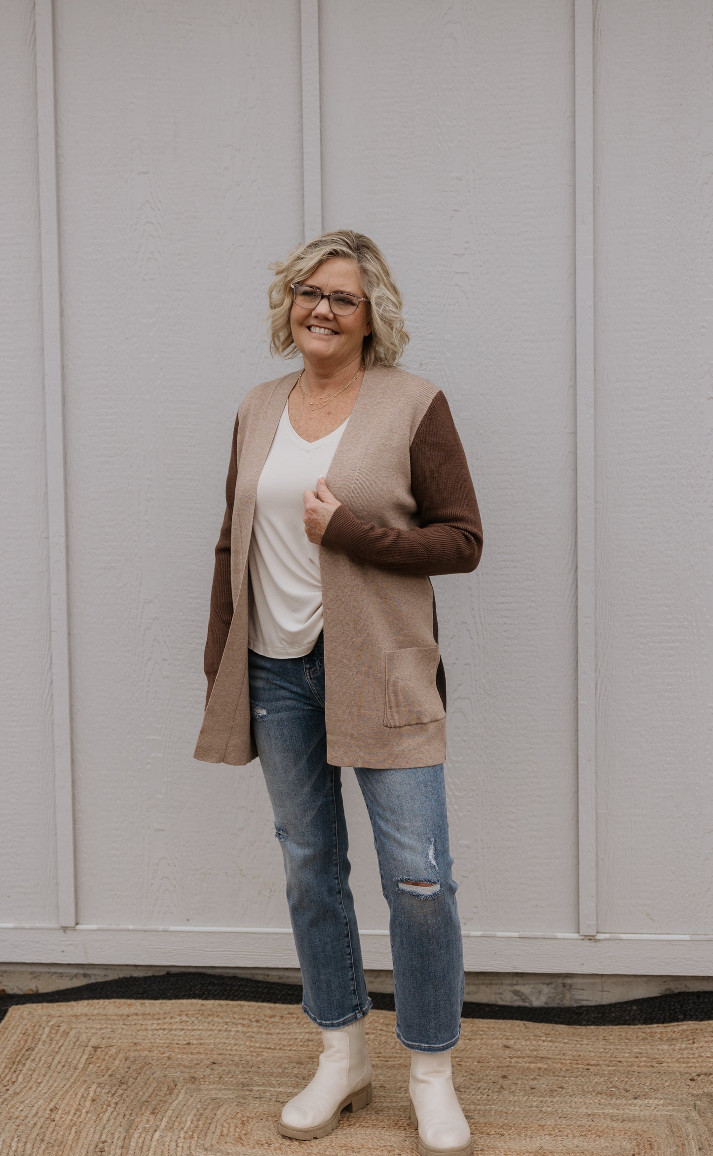 LADONNA COLORBLOCK TAUPE AND BROWN CARDIGAN