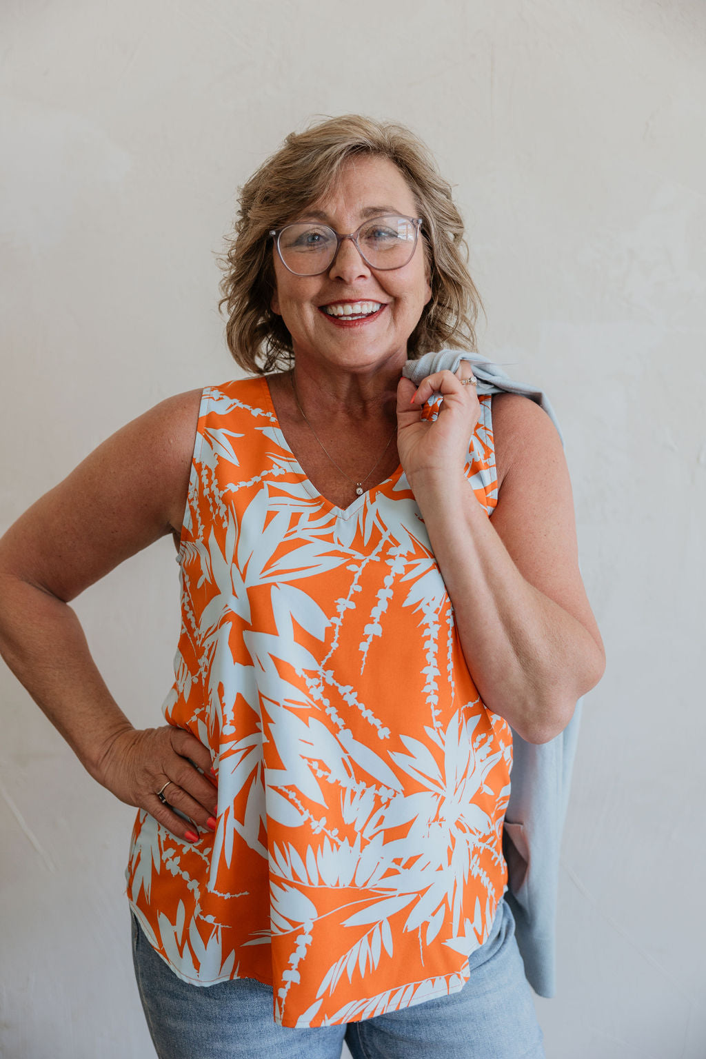 LEANDRA ORANGE AND BLUE BLOUSEY VNECK TANK TOP