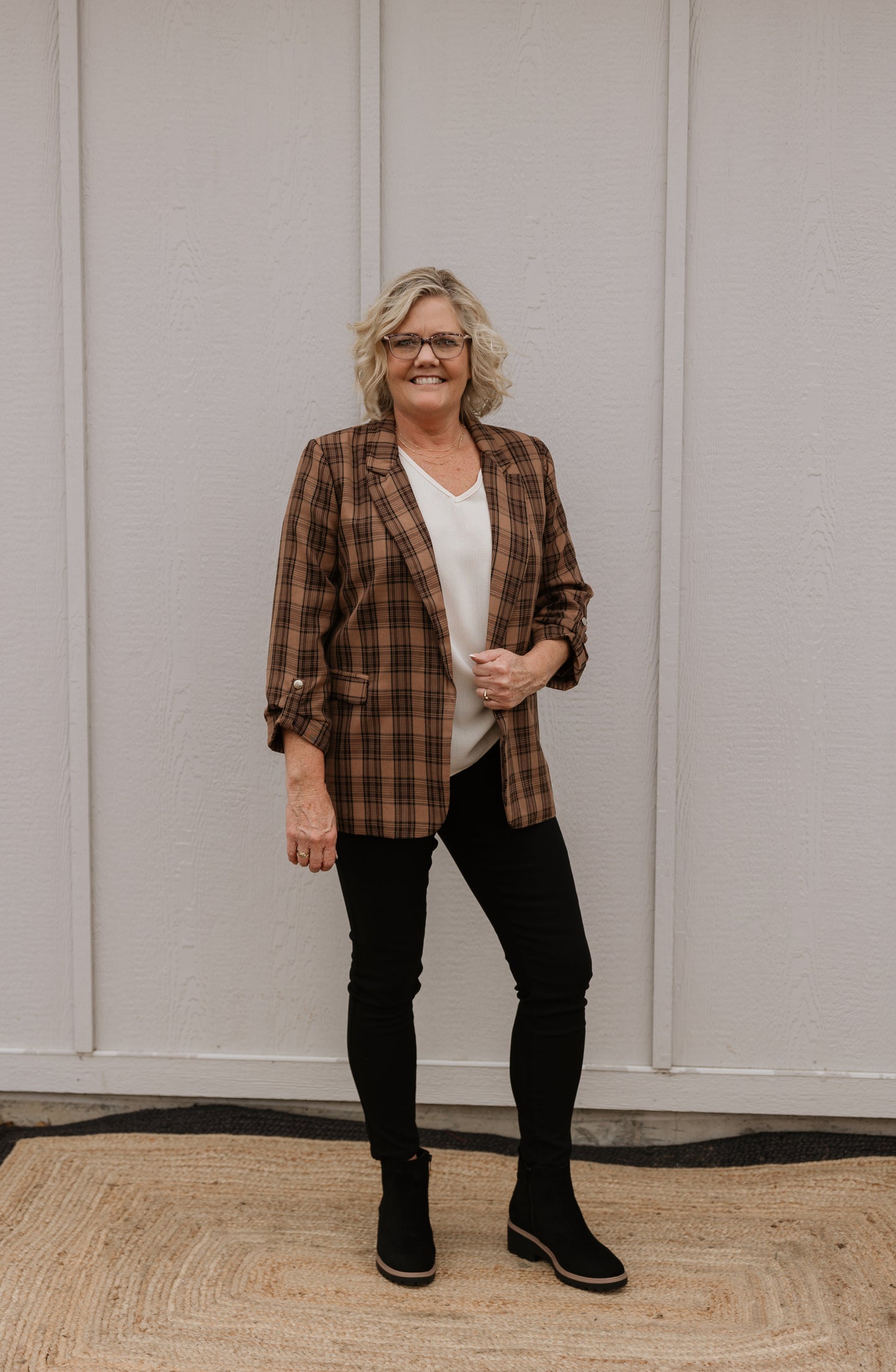 TINA CAMEL AND BLACK PLAID BLAZER