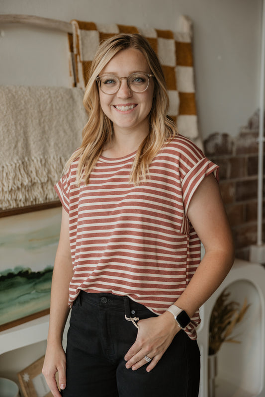 ADALYN CREAM AND RUST STRIPED TOP