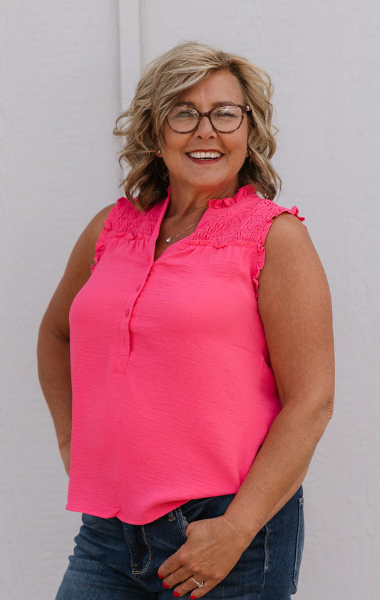 TERESA HOT PINK RUFFLED DETAILED MECK AND SLEEVE TANK TOP