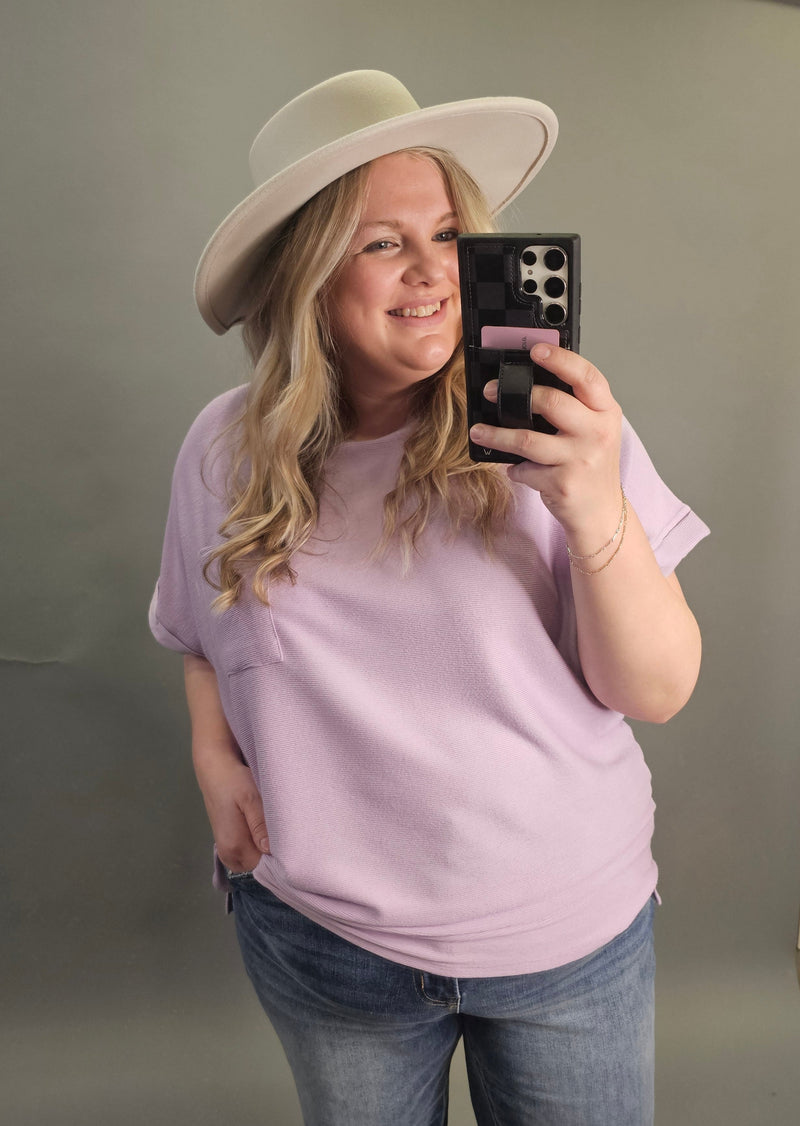 KASSIDY LAVENDER RIBBED POCKET TEE AVAILABLE IN CURVY & REGULAR