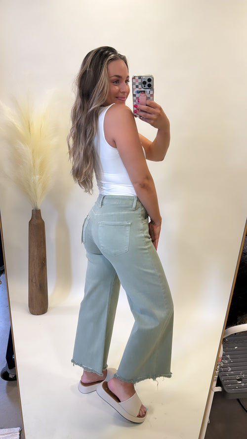 DEMI SAGE MID RISE CROPPED WIDE JEANS