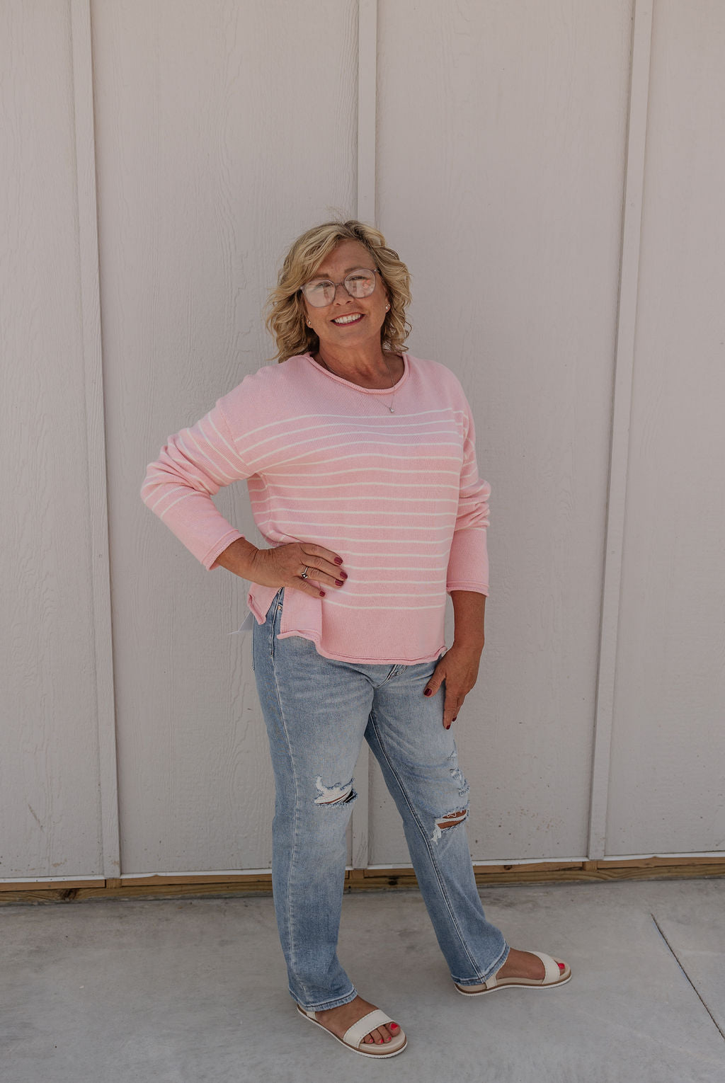 MAGGIE BLUSH AND CREAM STRIPED SWEATER