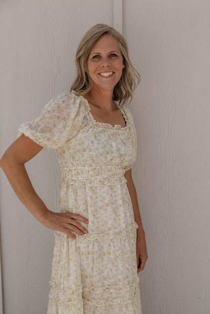 DENISE CREAM AND YELLOW FLORAL MAXI SQUARE NECK DRESS