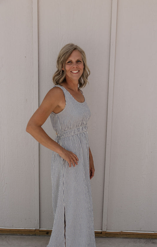 SHELLY IVORY AND NAVY STRIPED MAXI DRESS