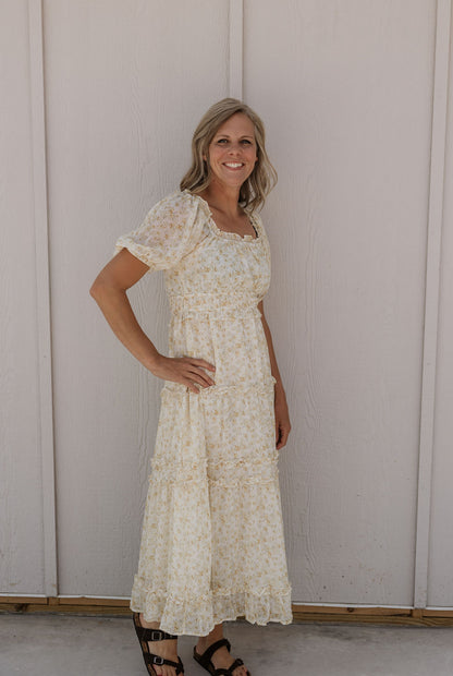 DENISE CREAM AND YELLOW FLORAL MAXI SQUARE NECK DRESS