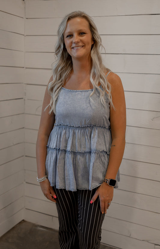 MELAINA WASHEDY CHAMBRAY TIERED TANK TOP