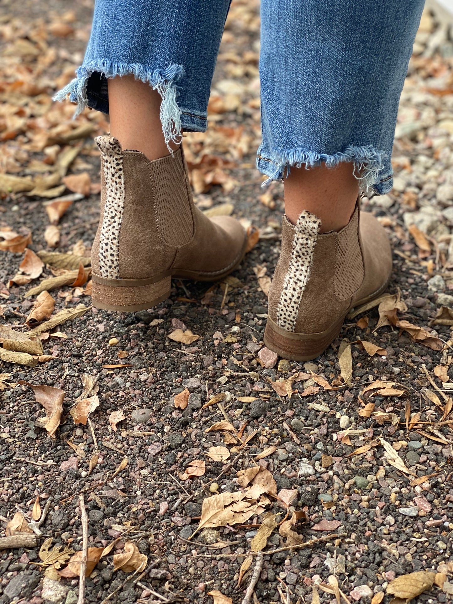 BLAKE BEIGE BOOTIE WITH CHEETAH BACK DETAIL