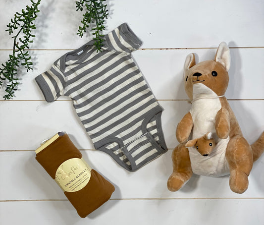 GREY & CREAM STRIPED ONESIE