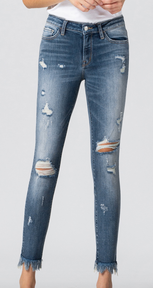 MID RISE DISTRESSED FRAYED HEM SKINNY JEANS