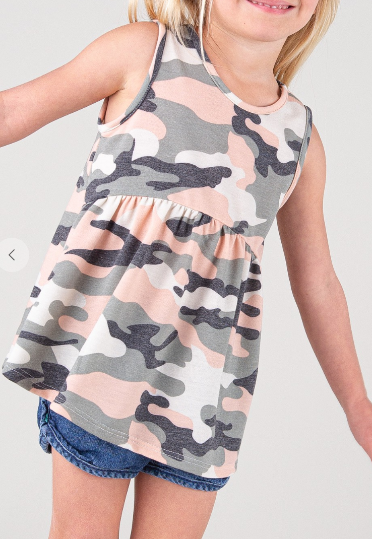 GIRLS CAMO PRINT SLEEVELESS TIERED TANK TOP