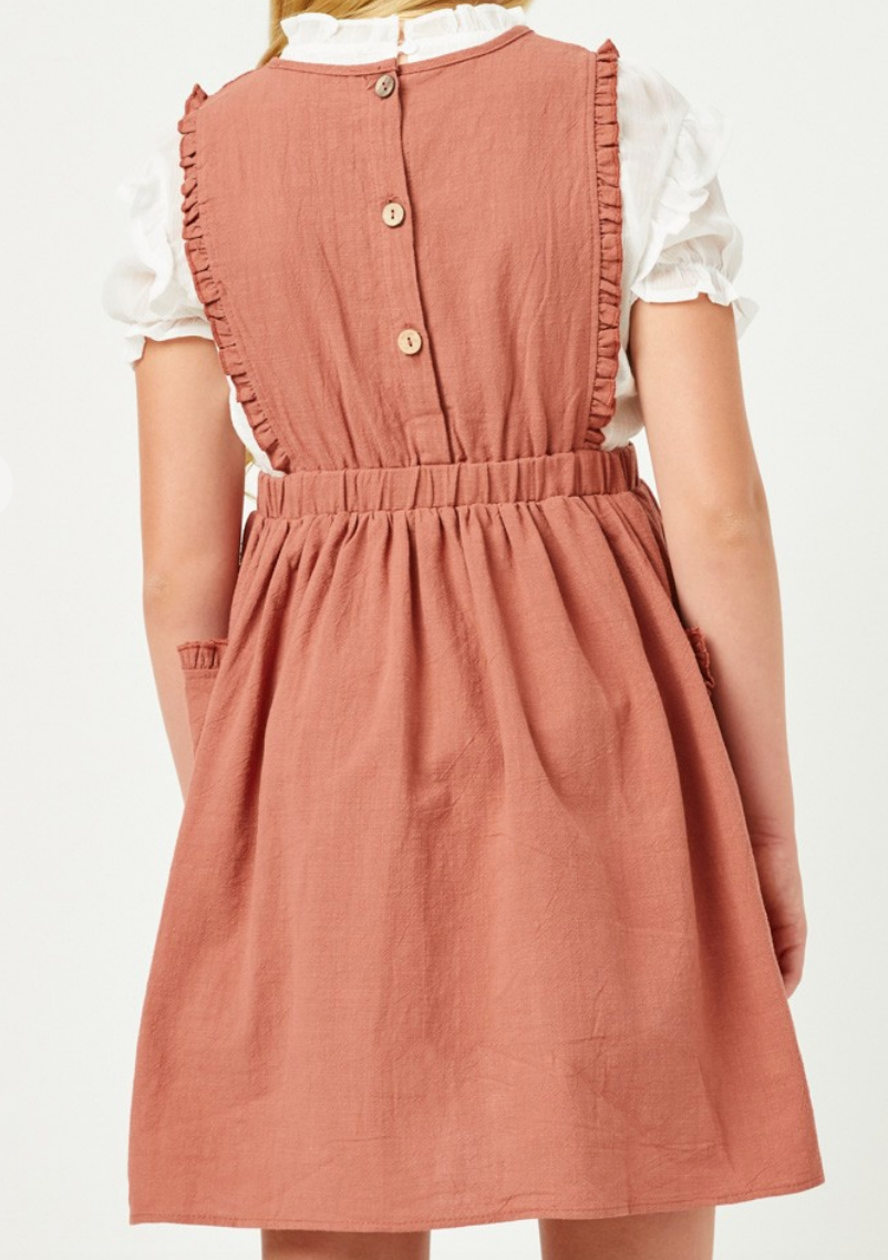 Girls Buttoned Back Ruffle Pocket Tank Dress