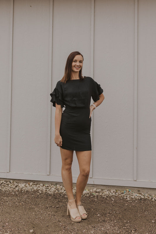 RHONDA RUFFLE SLEEVE BLACK DRESS