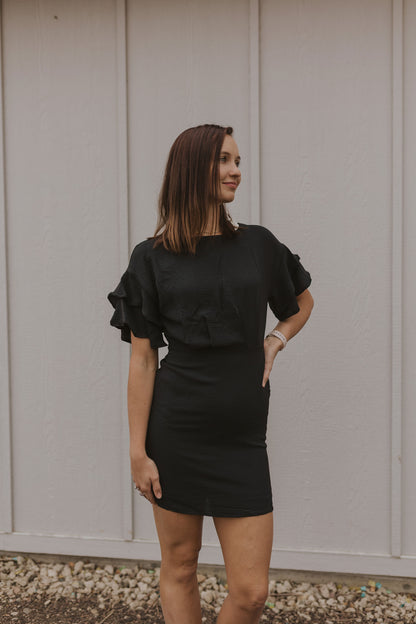 RHONDA RUFFLE SLEEVE BLACK DRESS