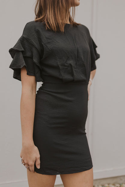 RHONDA RUFFLE SLEEVE BLACK DRESS