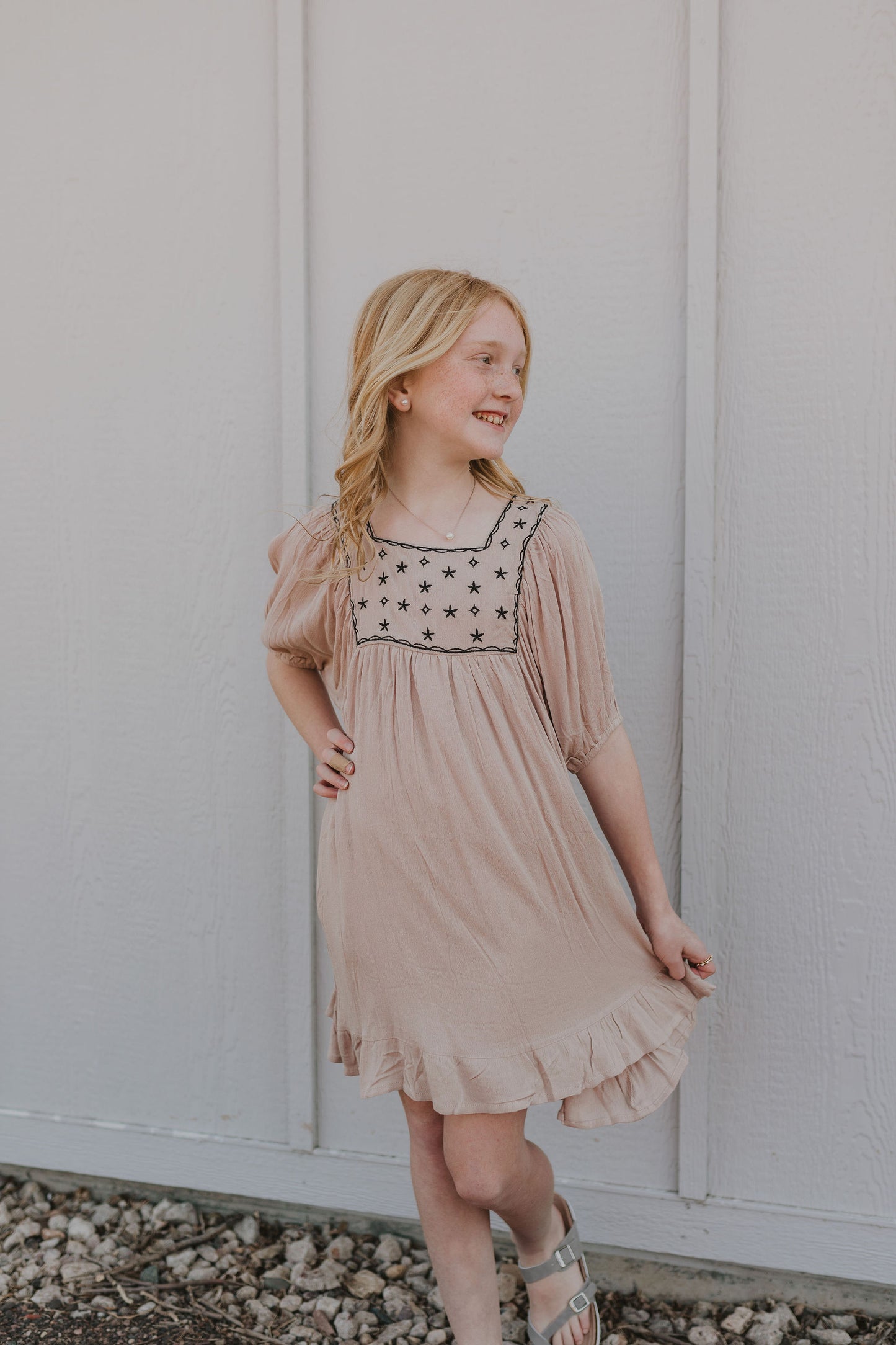 Girls Embroidered Bodice Balloon Sleeve Dress